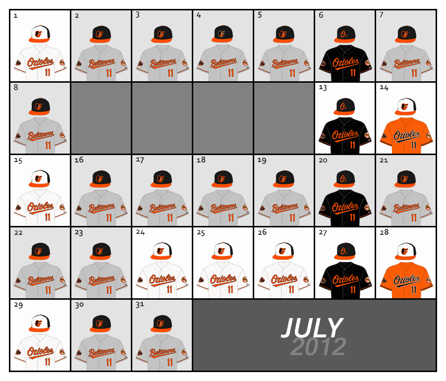 July 2012 Uniform Lineup for the Baltimore Orioles