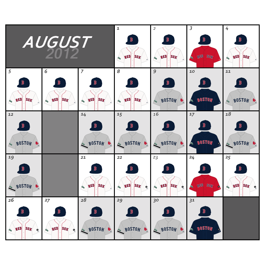 August 2012 Uniform Lineup for the Boston Red Sox