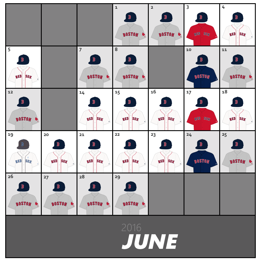 June 2016 Uniform Lineup for the Boston Red Sox