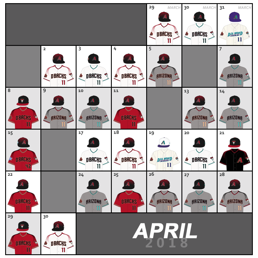 April 2018 Uniform Lineup for the Arizona Diamondbacks