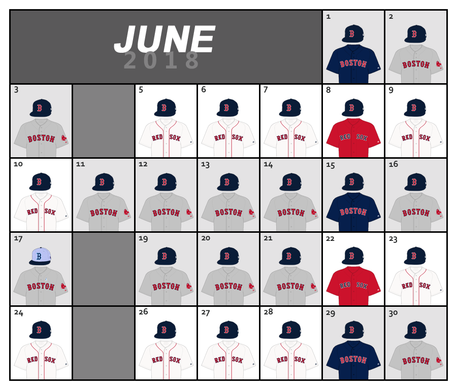 June 2018 Uniform Lineup for the Boston Red Sox