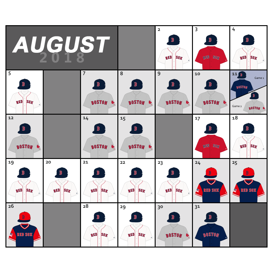 August 2018 Uniform Lineup for the Boston Red Sox