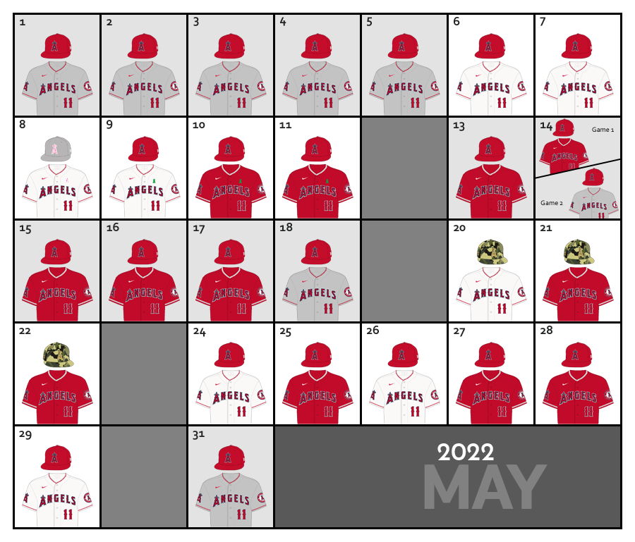 May 2022 Uniform Lineup for the Los Angeles Angels