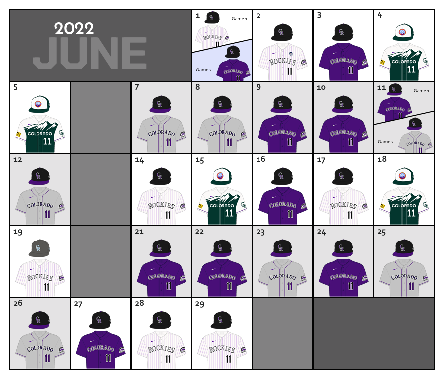 June 2022 Uniform Lineup for the Colorado Rockies