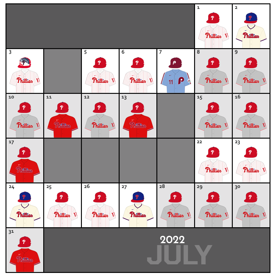 July 2022 Uniform Lineup for the Philadelphia Phillies