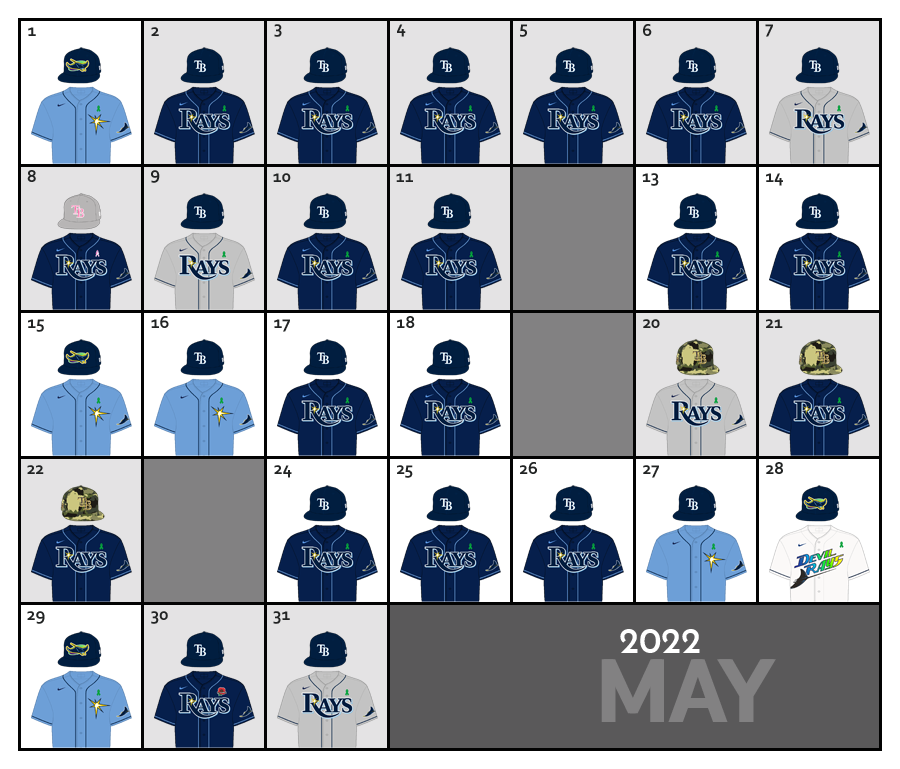 May 2022 Uniform Lineup for the Tampa Bay Rays