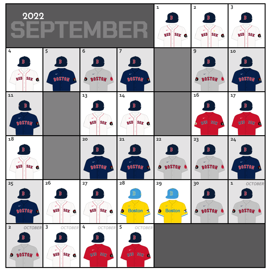 September 2022 Uniform Lineup for the Boston Red Sox