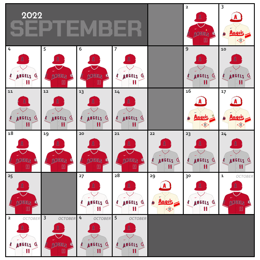 September 2022 Uniform Lineup for the Los Angeles Angels
