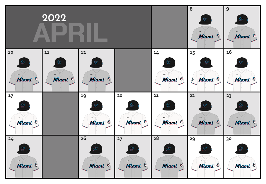 April 2022 Uniform Lineup for the Miami Marlins