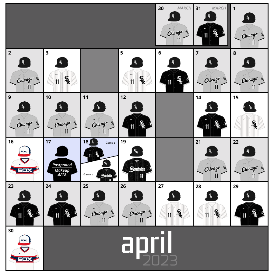 April 2023 Uniform Lineup for the Chicago White Sox