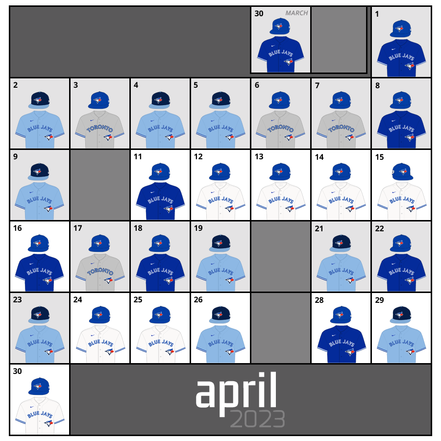 April 2023 Uniform Lineup for the Toronto Blue Jays