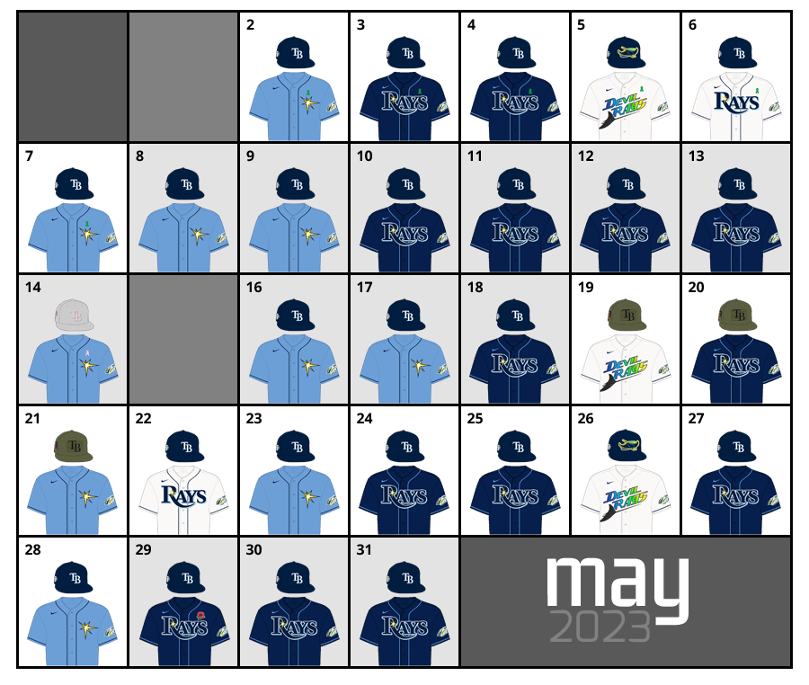 May 2023 Uniform Lineup for the Tampa Bay Rays