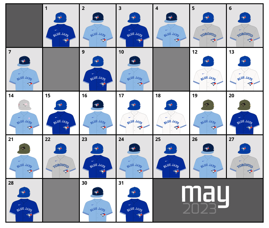 May 2023 Uniform Lineup for the Toronto Blue Jays