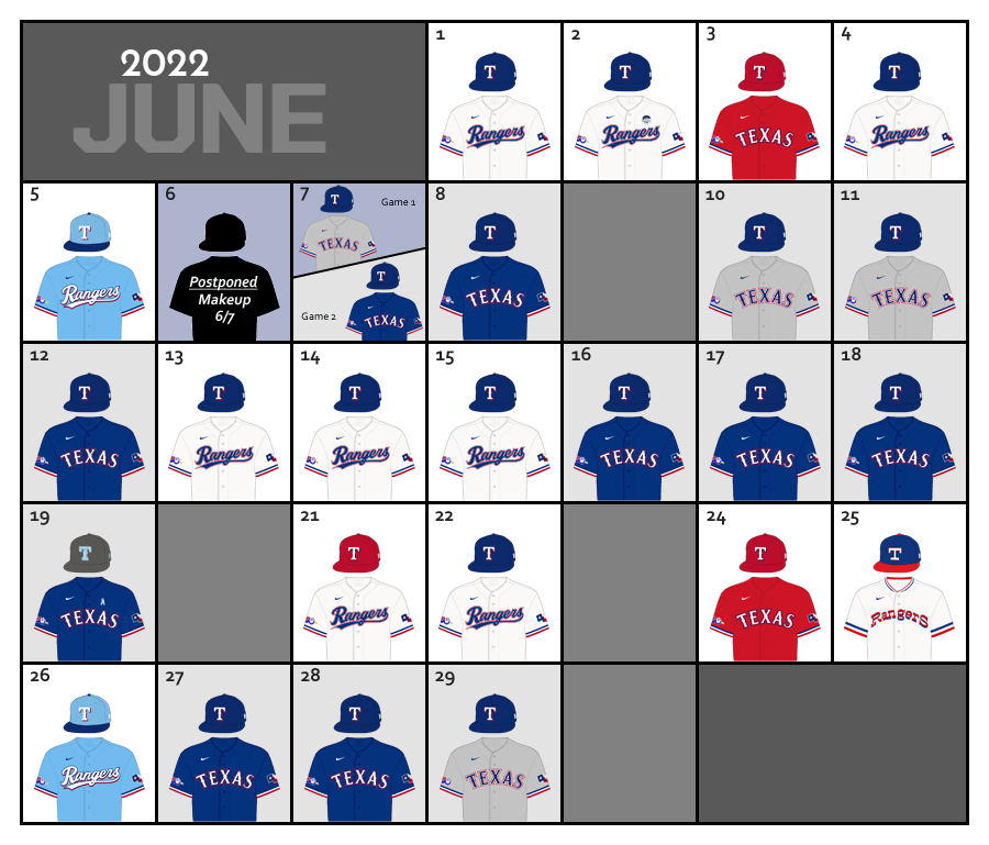 June 2022 Uniform Lineup for the Texas Rangers