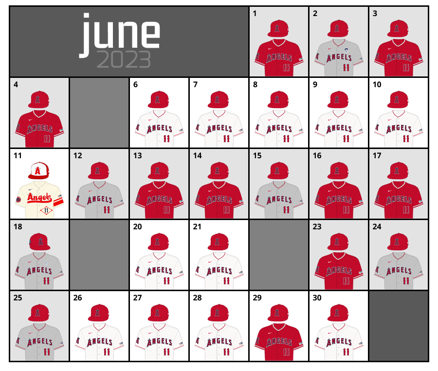 June 2023 Uniform Lineup for the Los Angeles Angels