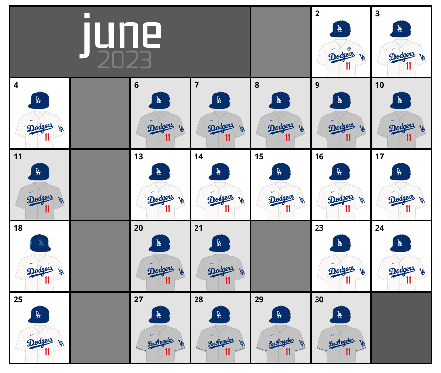 June 2023 Uniform Lineup for the Los Angeles Dodgers