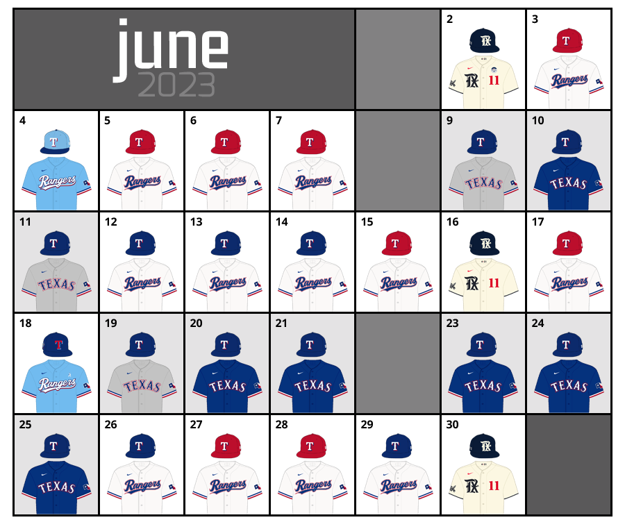 June 2023 Uniform Lineup for the Texas Rangers