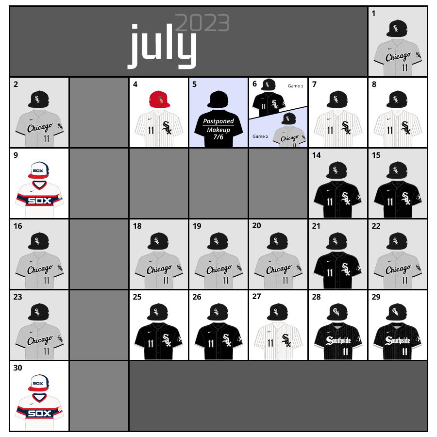 July 2023 Uniform Lineup for the Chicago White Sox