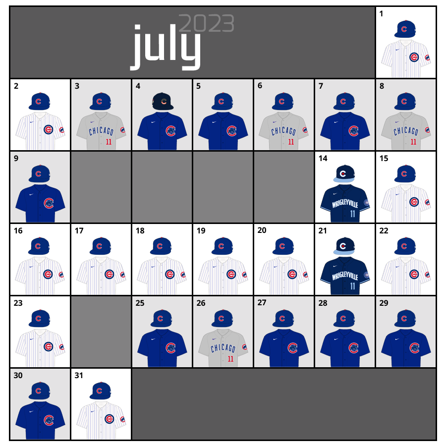 July 2023 Uniform Lineup for the Chicago Cubs