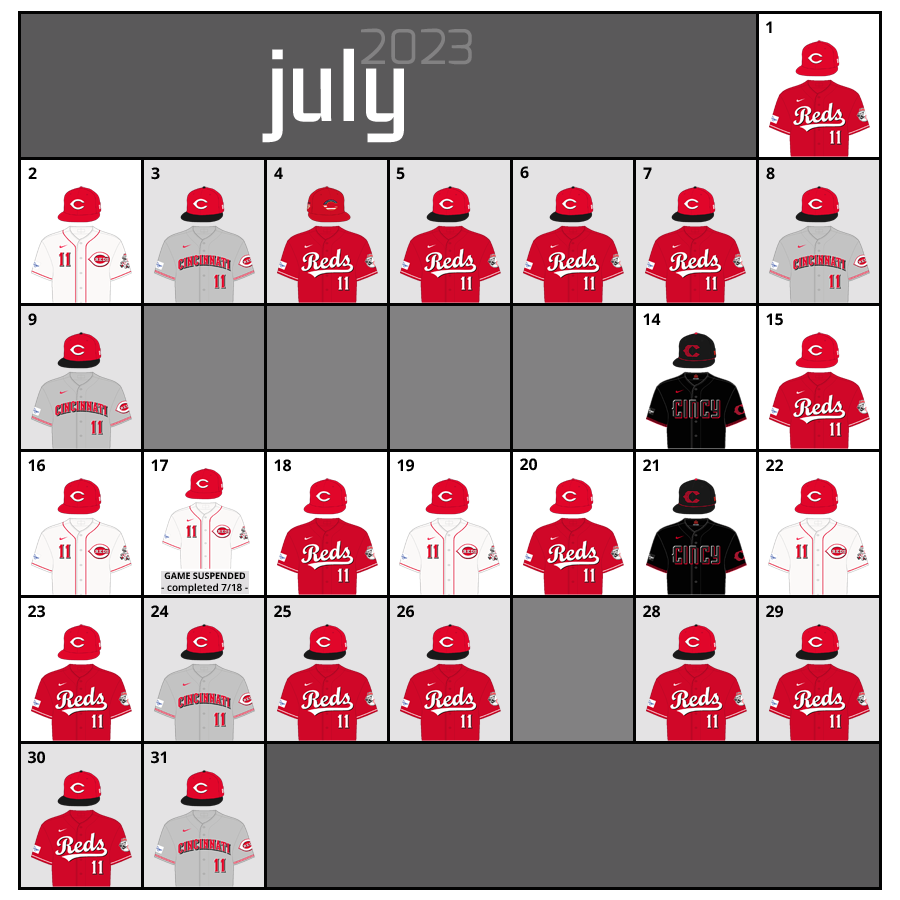 July 2023 Uniform Lineup for the Cincinnati Reds