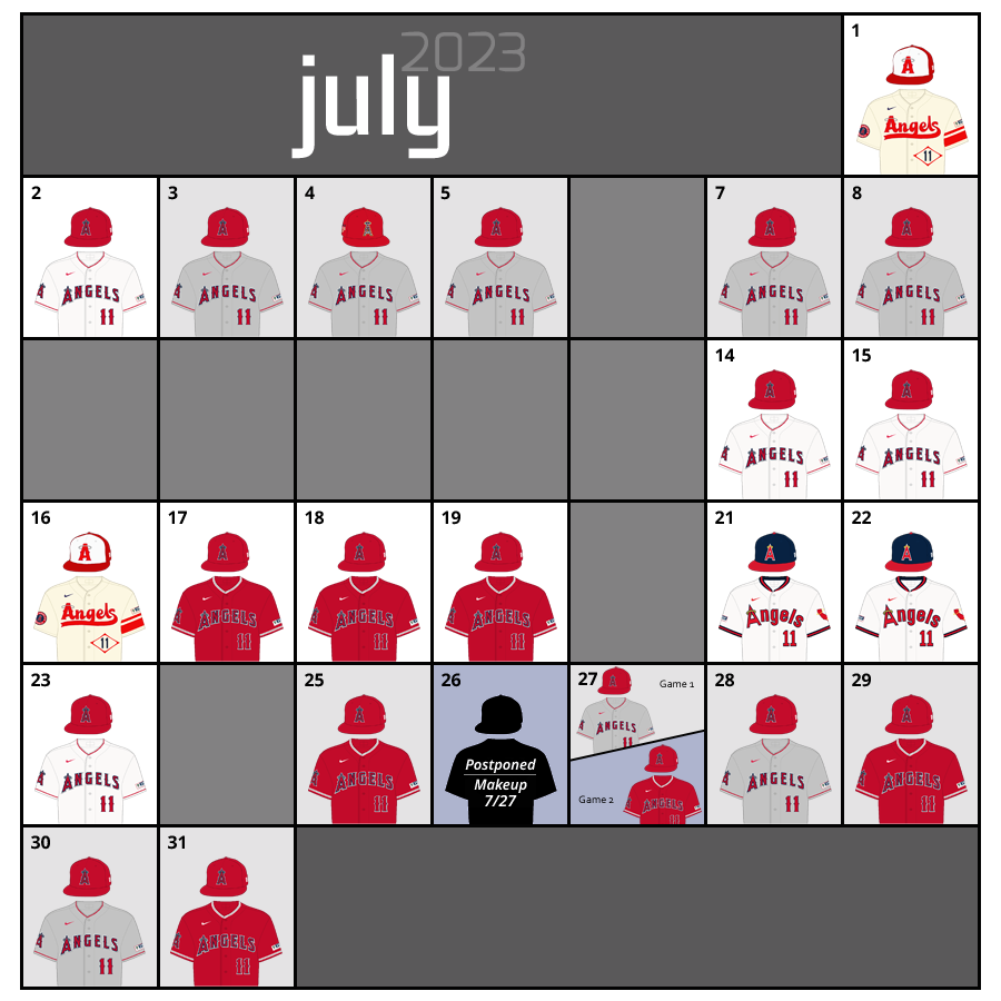 July 2023 Uniform Lineup for the Los Angeles Angels