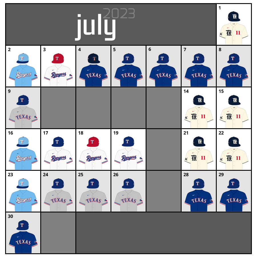July 2023 Uniform Lineup for the Texas Rangers