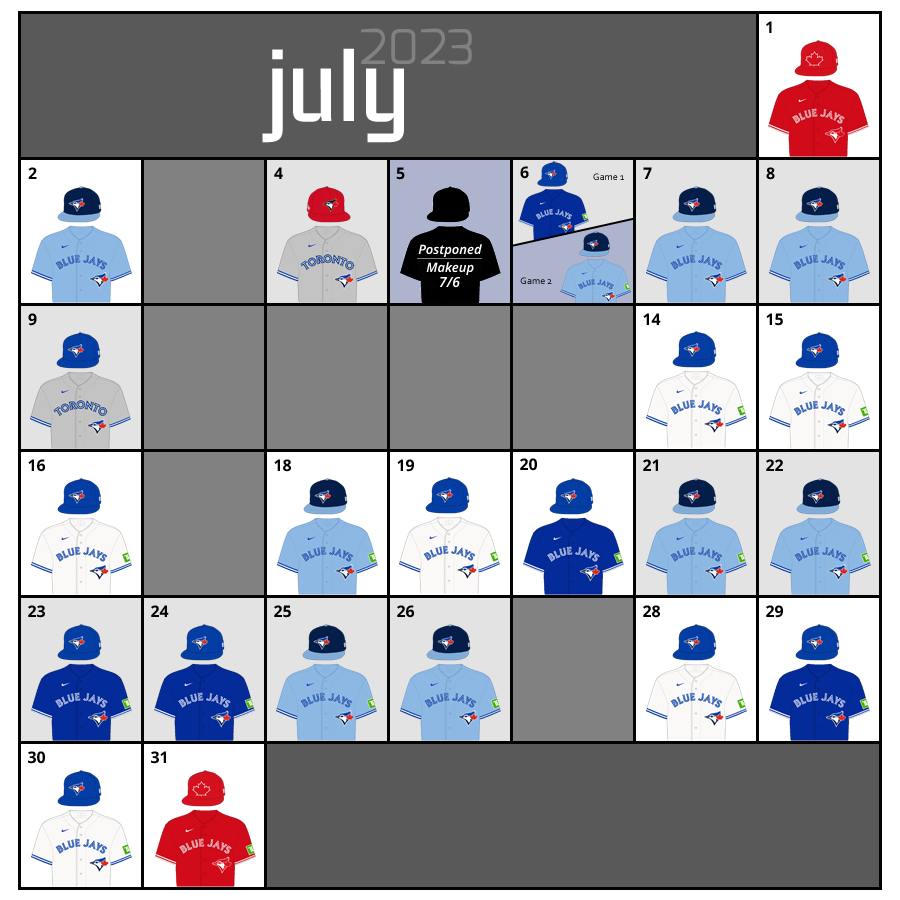 July 2023 Uniform Lineup for the Toronto Blue Jays