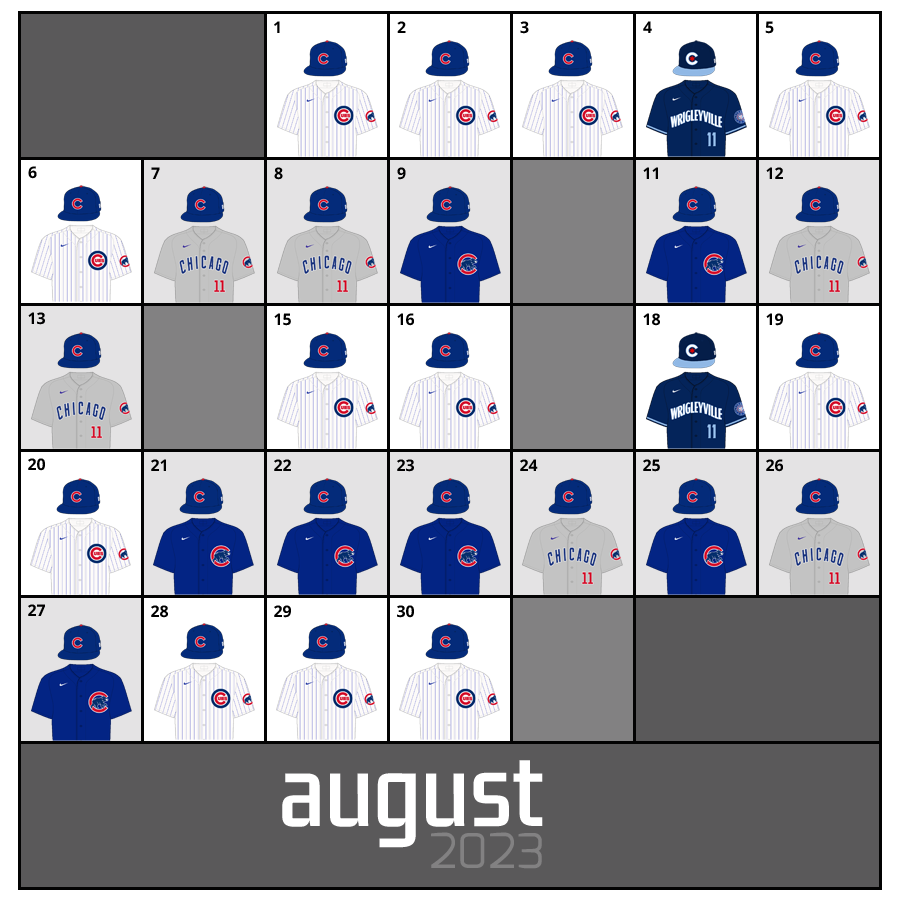 August 2023 Uniform Lineup for the Chicago Cubs