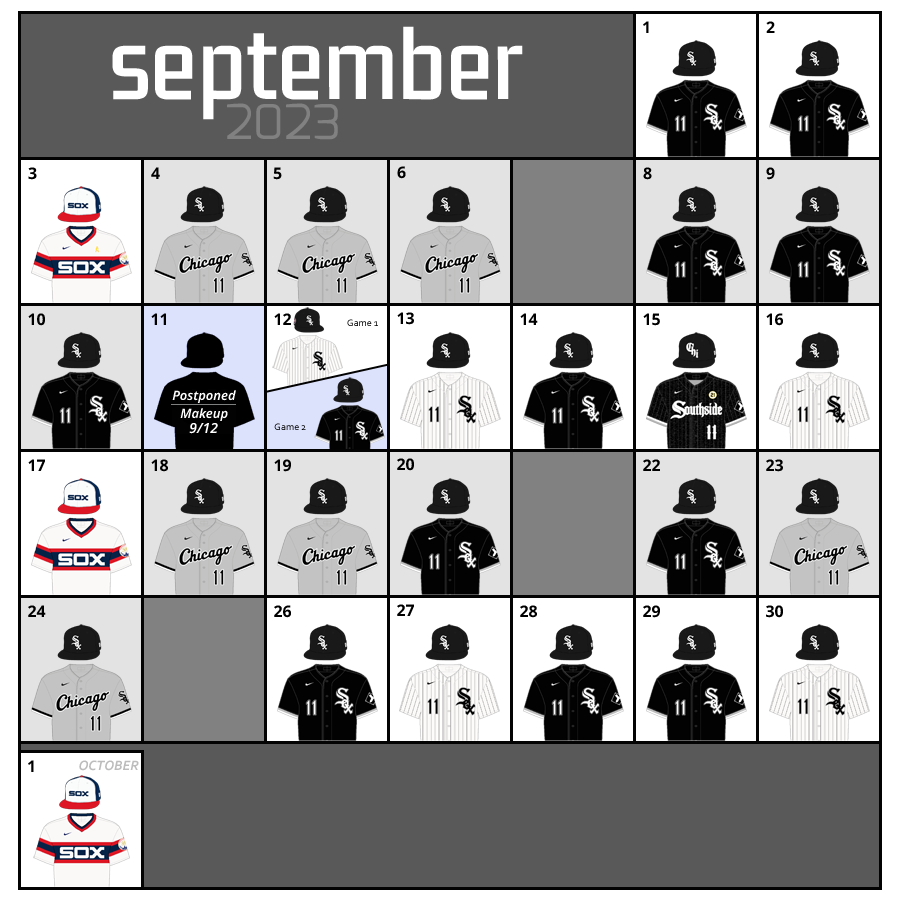 September 2023 Uniform Lineup for the Chicago White Sox