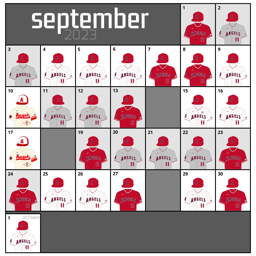 September 2023 Uniform Lineup for the Los Angeles Angels
