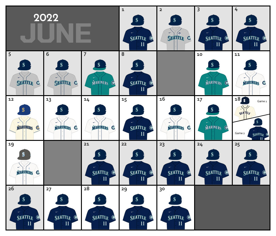 June 2022 Uniform Lineup for the Seattle Mariners