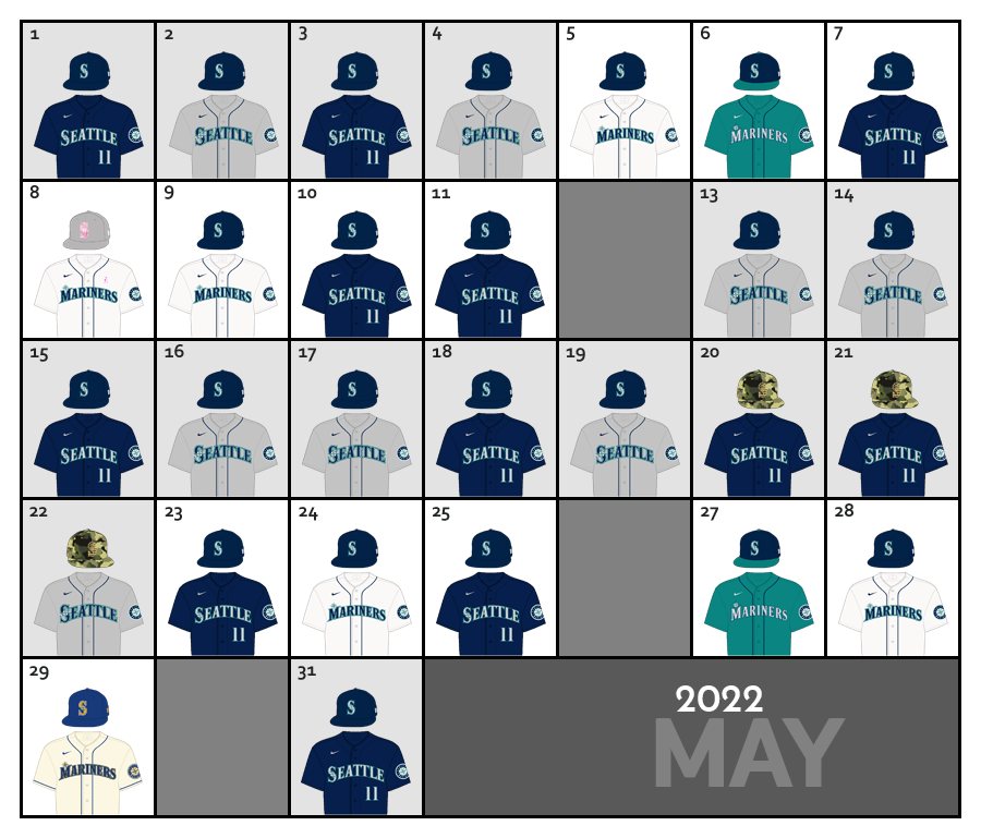 May 2022 Uniform Lineup for the Seattle Mariners