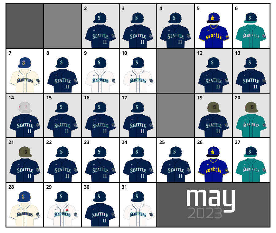 May 2023 Uniform Lineup for the Seattle Mariners