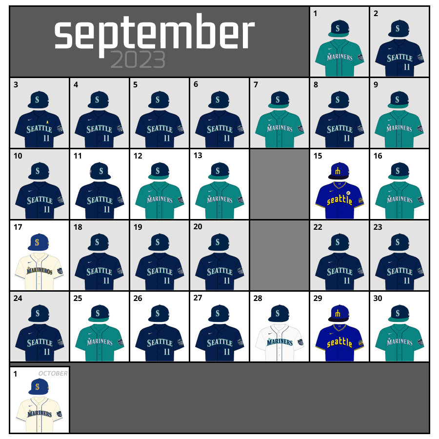 September 2023 Uniform Lineup for the Seattle Mariners