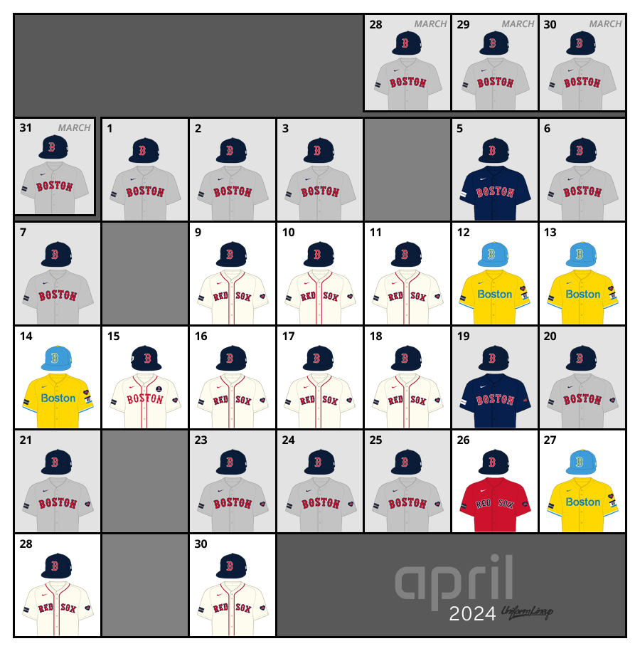 April 2024 Uniform Lineup for the Boston Red Sox