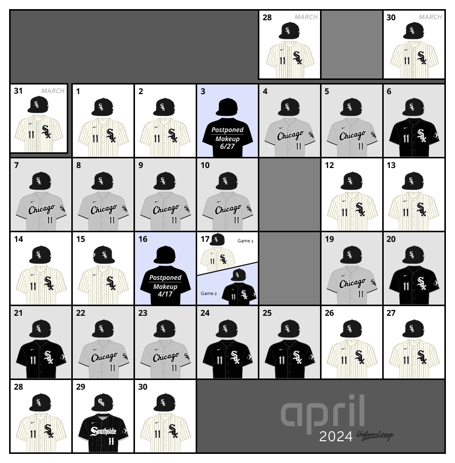 April 2024 Uniform Lineup for the Chicago White Sox