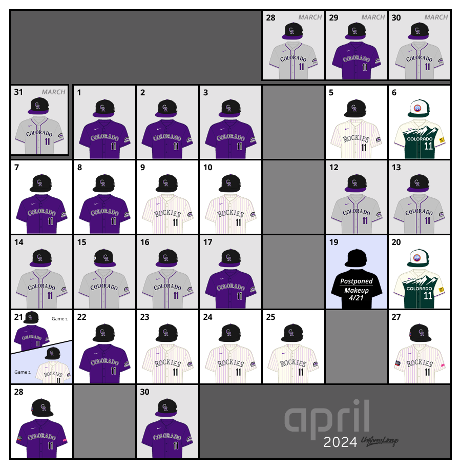 April 2024 Uniform Lineup for the Colorado Rockies