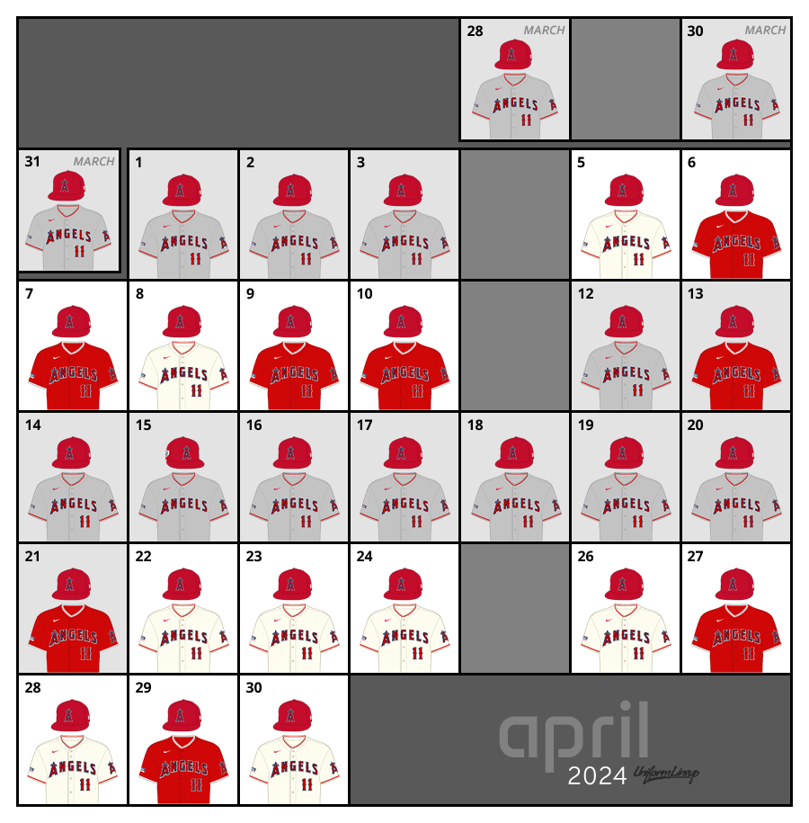 April 2024 Uniform Lineup for the Los Angeles Angels