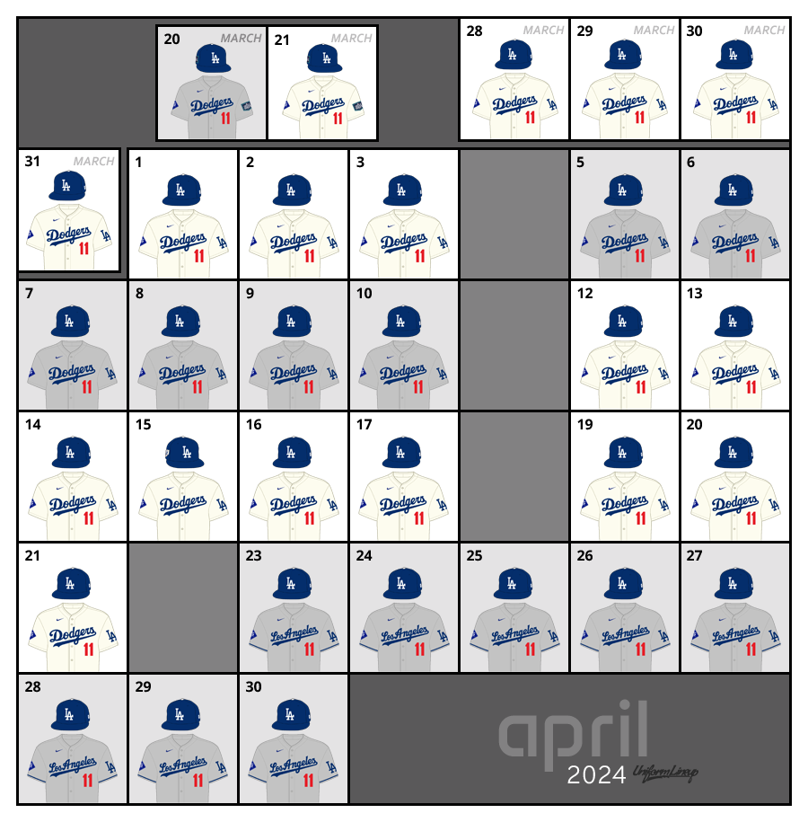 April 2024 Uniform Lineup for the Los Angeles Dodgers