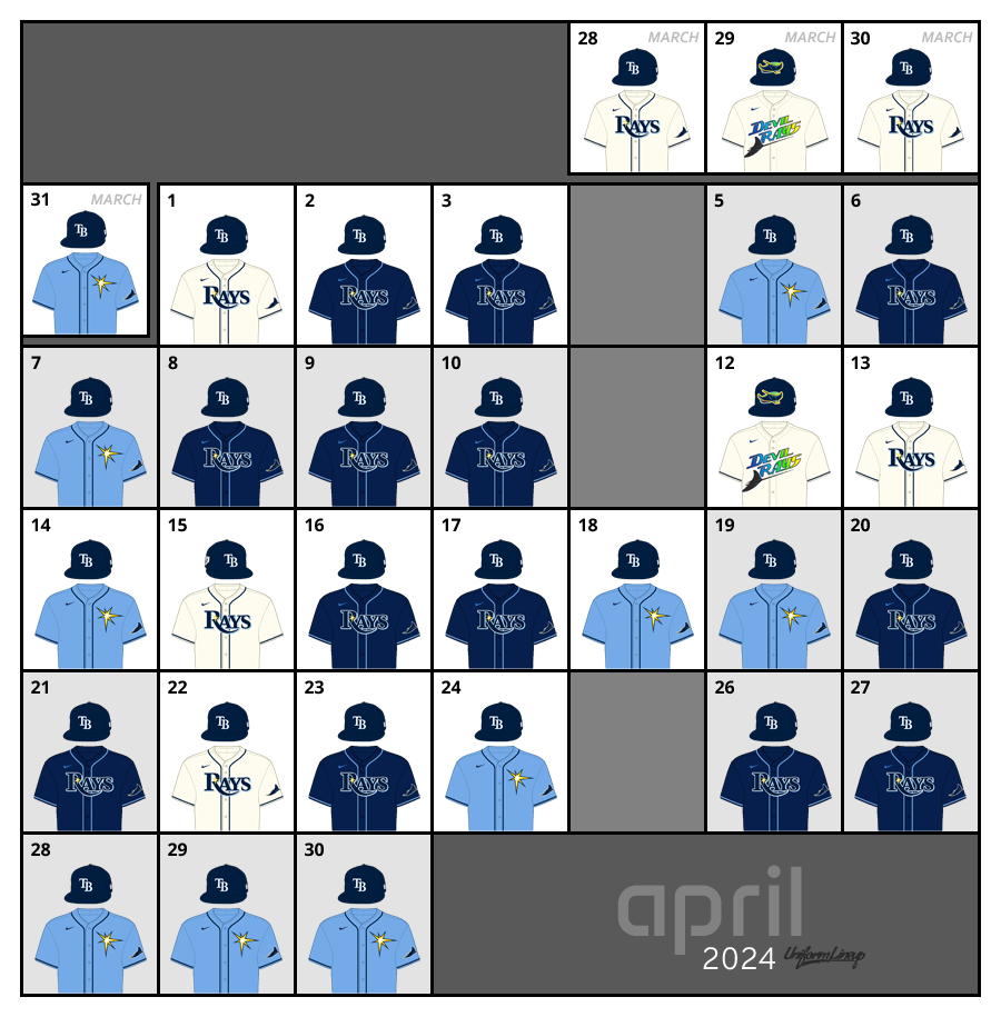 April 2024 Uniform Lineup for the Tampa Bay Rays